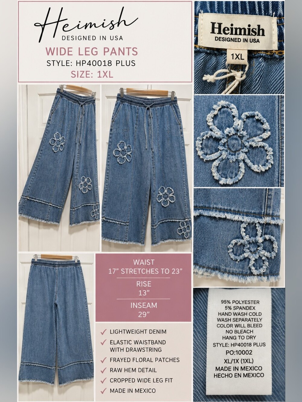 Heimish Plus Distressed Floral Wide Leg Denim Pants – Size 1XL – NWT